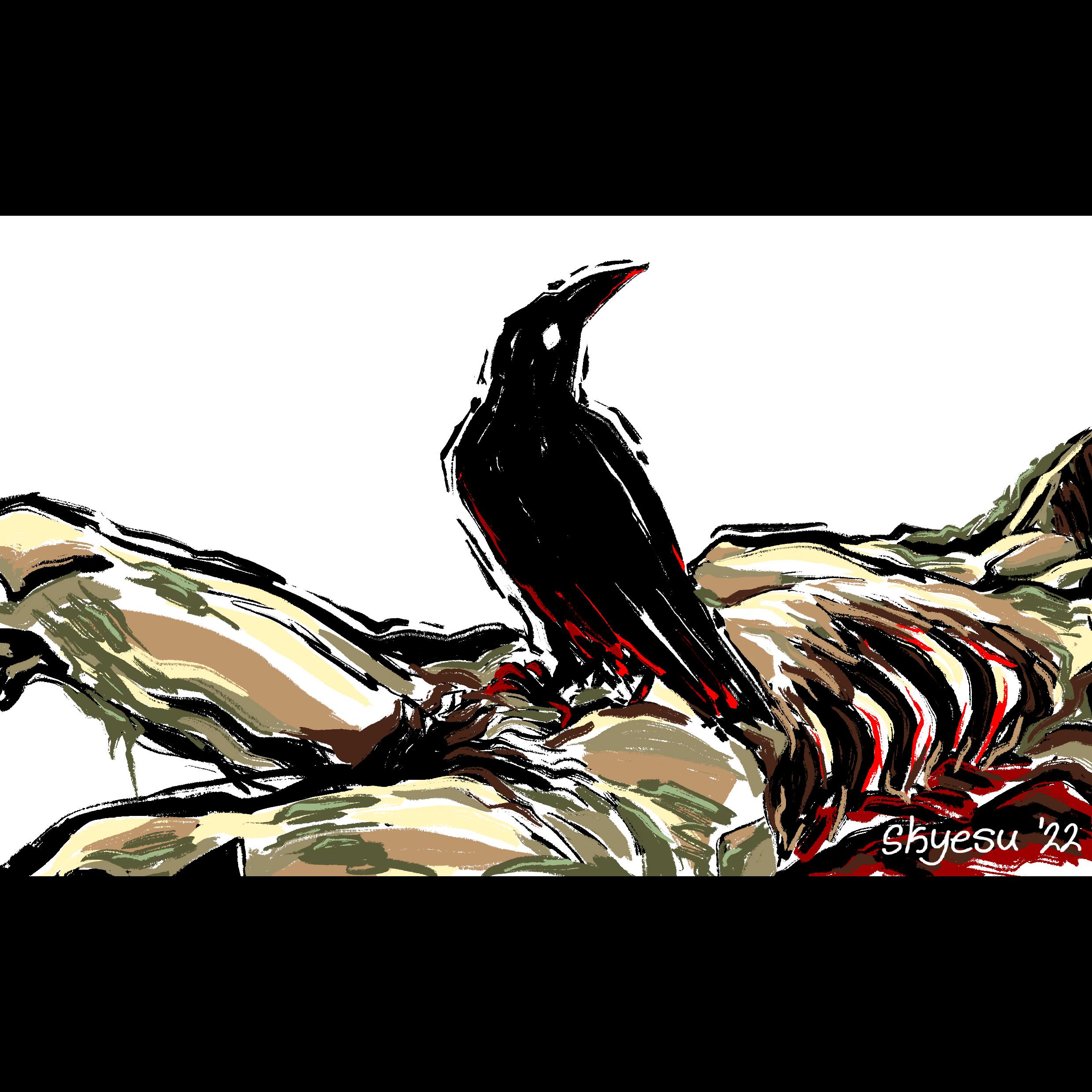 digital drawing of a crow perched on top of a rotting human body in front of a white background
